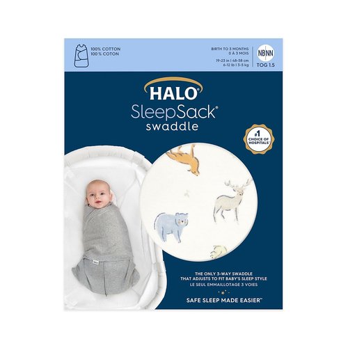 HALO 100% Cotton Sleepsack Swaddle - 3-Way Adjustable Wearable Blanket, TOG 1.5, Forest Friends, Newborn (0-3 Months)