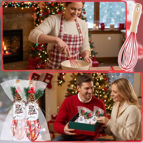 Acellegic 48 Set Christmas Whisks Gifts 10 Inch DIY Fillable Christmas Tree Ornaments Include Silicone Whisk, Greeting Card, Xmas Pine Needles, Plastic Bags, Ropes for Mom Neighbor Cooking Gift