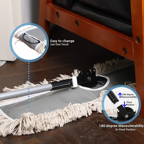 JINCLEAN 24" Industrial Cotton Floor Dust Mop with adjustable Steel Handle - Commercial Mops for Hardwood, Tiles, Laminate, Vinyl, Garage epoxy, Bamboo surface cleaning and Flooring Push Dust Broom