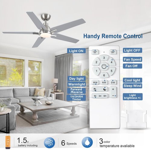 putroad 52 Inch Ceiling Fans with Lights: Brushed Nickel Ceiling Fan with Light and Remote for Bedroom Living Room Dining room Patio, 3CCT Dimmable 6 Speeds Reversible Quiet DC Motor
