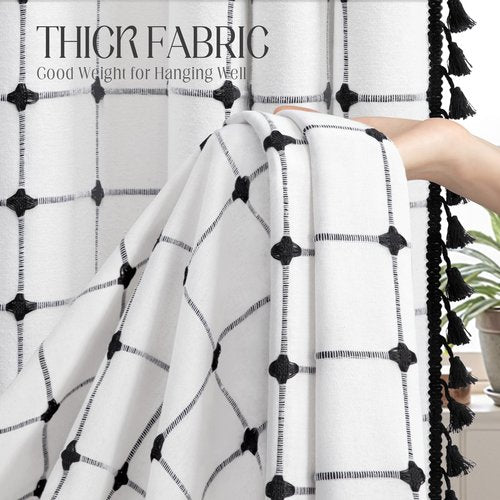 NDDYCU Black and White Shower Curtain Boho Linen Fabric with Embroidered Plaid Pattern and Tassels for Bathroom,72" W×72" L