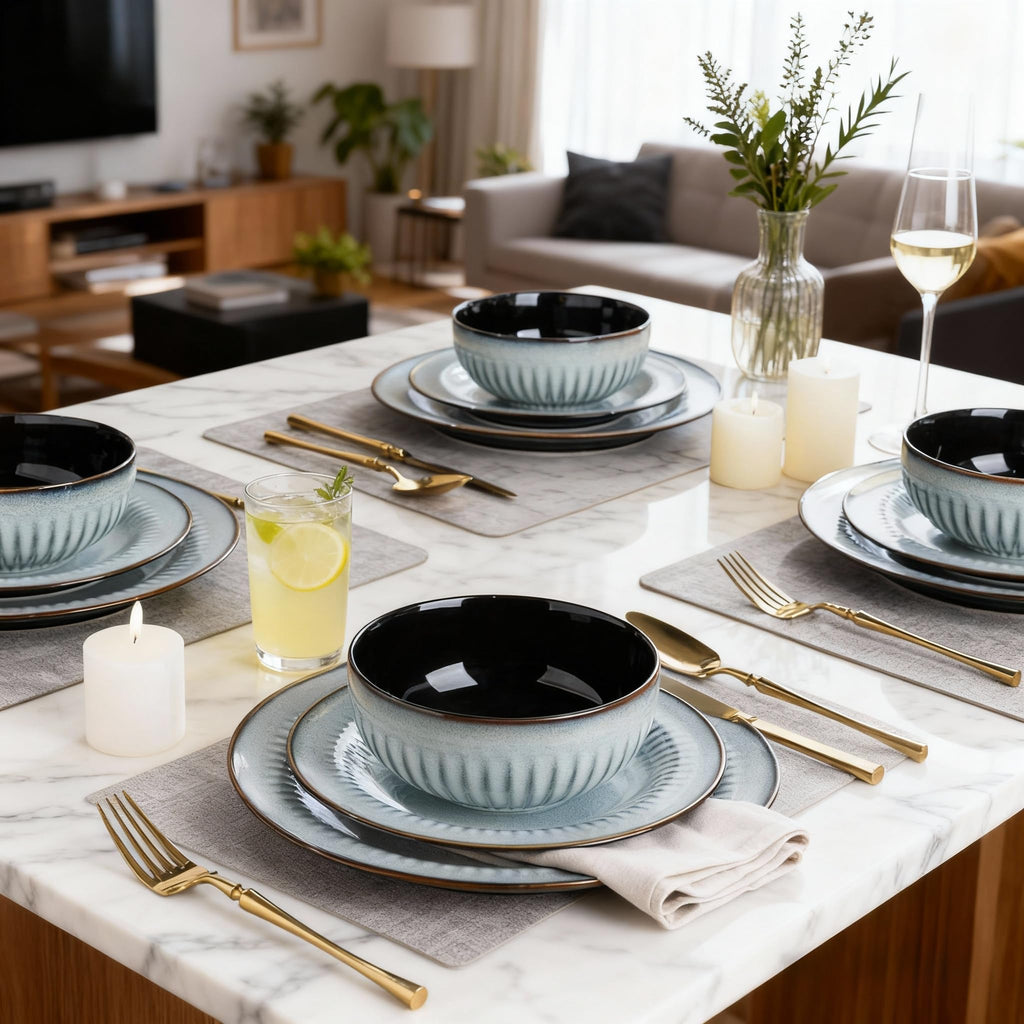 LERATIO Ceramic Dinnerware Sets,Handcraft Embossed Stoneware Plates and Bowls Sets,Highly Chip and Crack Resistant | Dishwasher & Microwave & Oven Safe Dishes set,Service for 4 (12pc)-Gray White