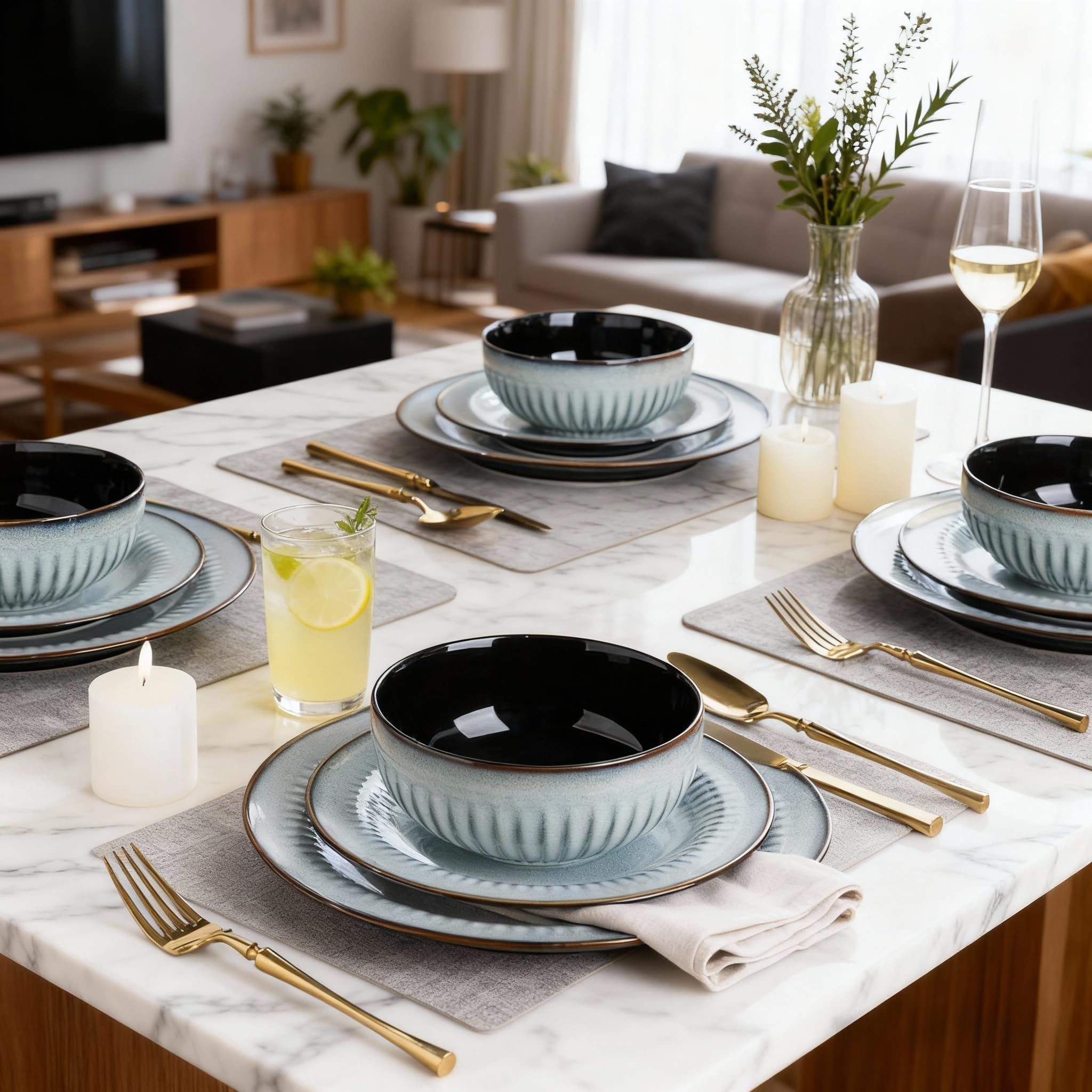 LERATIO Ceramic Dinnerware Sets,Handcraft Embossed Stoneware Plates and Bowls Sets,Highly Chip and Crack Resistant | Dishwasher & Microwave & Oven Safe Dishes set,Service for 4 (12pc)-Gray White