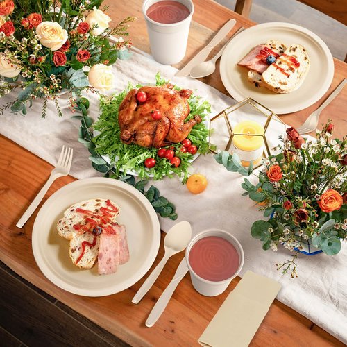 Gezond 400pcs Compostable Paper Plates Set Eco-friendly Heavy-duty Disposable Paper Plates Cutlery Includes Biodegradable Plate, Forks, Knives, Spoons, Cups and Straws for Wedding Party