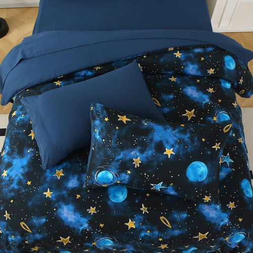 Aqzuxira Glow in The Dark Kids Comforter Set, 5 Pieces Blue Space Bedding Set Twin Size for Boys Girls Teen, 1 Comforter, 1 Pillowcase, 1 Pillow Sham, 1 Flat Sheet, 1 Fitted Sheet
