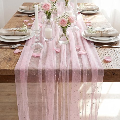 Tegeme Pink Table Runner 120 Inch 10 ft Sheer Gauze Glitter Foil Tulle Runner Cheesecloth Sequin Table Decorations for Wedding Anniversary Holiday Birthday Party Decor