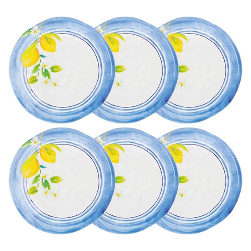 UP UPware Lovely Lemons Melamine Dinner Plate Set, Round Plates for Main course, Pasta, and Salad, BPA-Free, Dishwasher Safe, Blue, 11 Inch, Set of 6