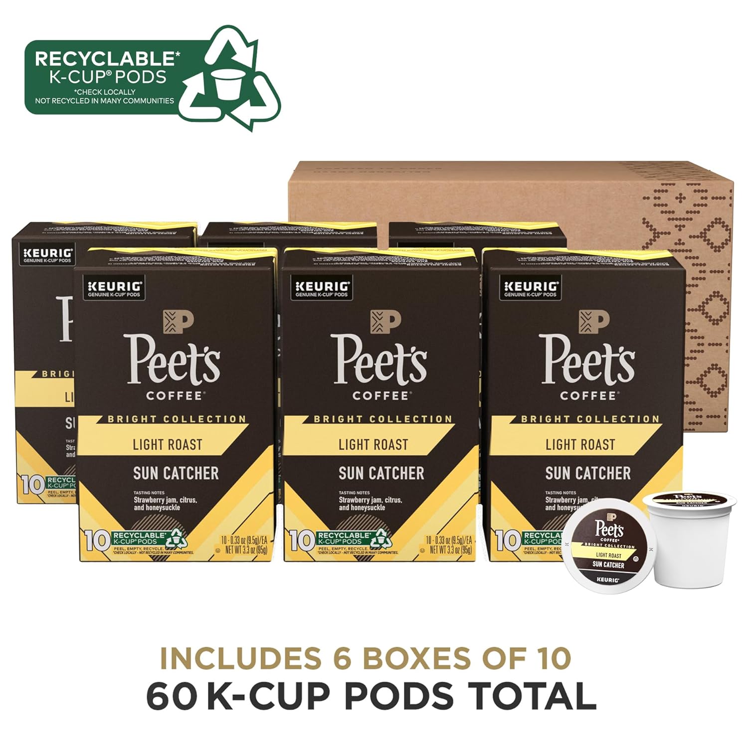 Peet's Coffee Light Roast K-Cup Pods - 100% Arabica Sun Catcher, 60 Count (6 Boxes of 10 Pods)
