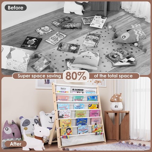 Hggzeg Wooden Bookshelf for Kids, 6 Tier Kids Bookcase Storage Display Rack with Fabric Storage Pockets, Easy Access Magazine Rack, for Children’s Bedroom and Playroom (Beige)