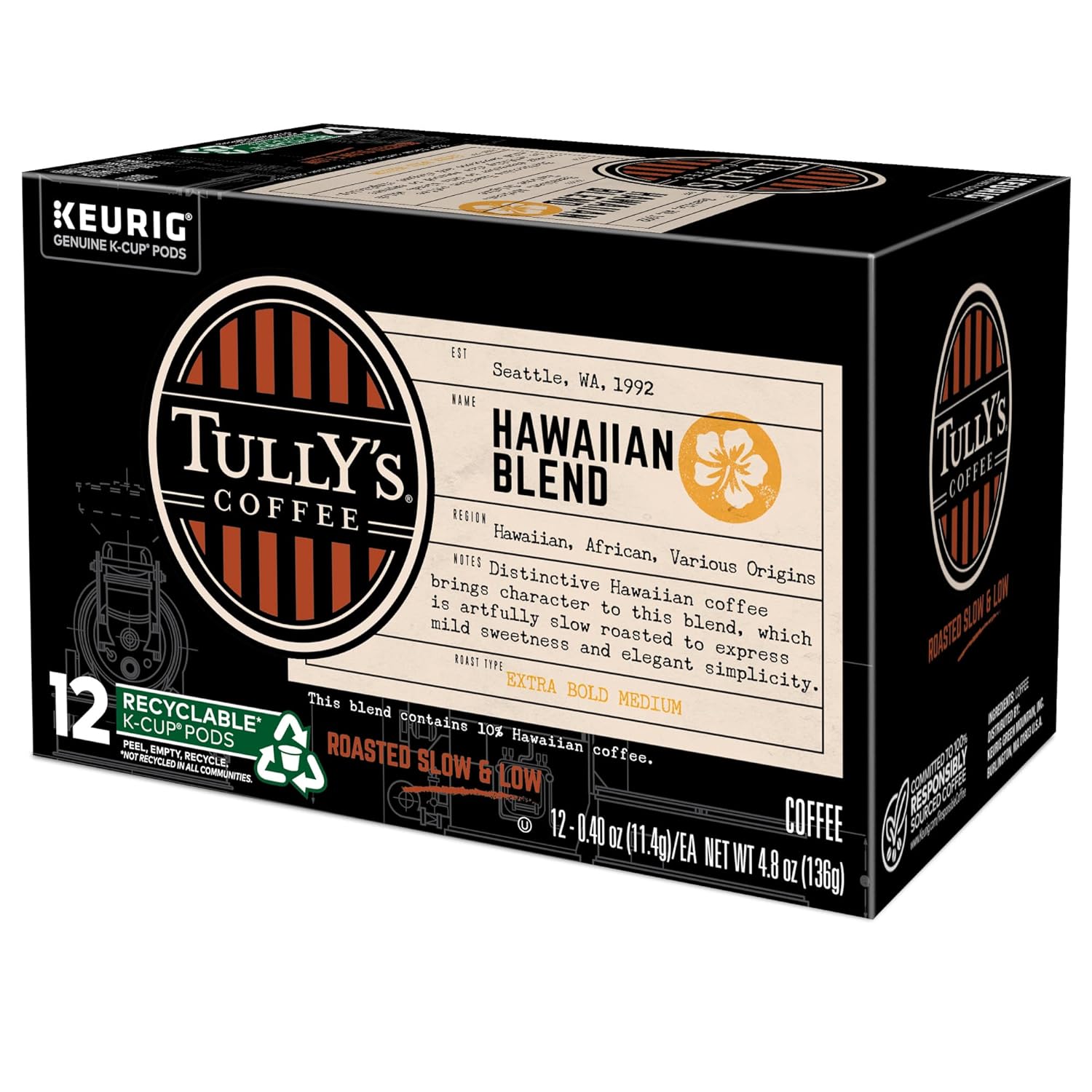 Tully's Coffee Hawaiian Blend K-Cup Pods - Medium Roast, 72 Count | Perfect for Keurig Brewers