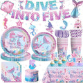 191pcs Dive into 5 Birthday Decorations Girl-Serves 25, All-in-One Mermaid 5th Birthday Decorations with 350gsm Plates, Tablecloth, Centerpiece,Balloon, Banner, Mermaid Candle 5, Etc