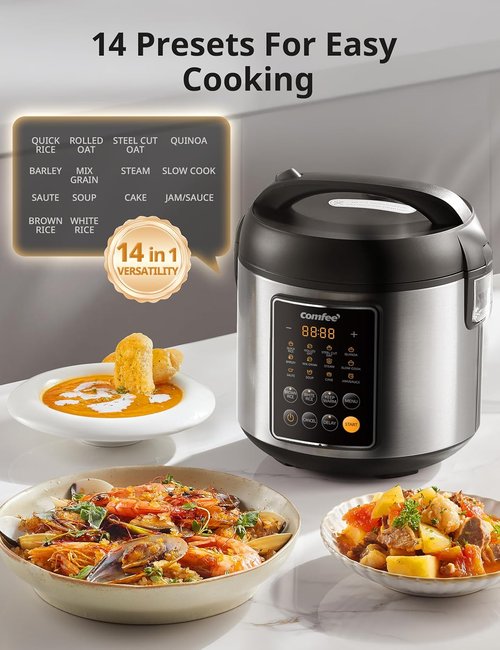 COMFEE' Rice Cooker - 14-in-1 Stainless Steel Multi Cooker with 5.3 QT Capacity | Perfect for Brown Rice, Quinoa & Oatmeal