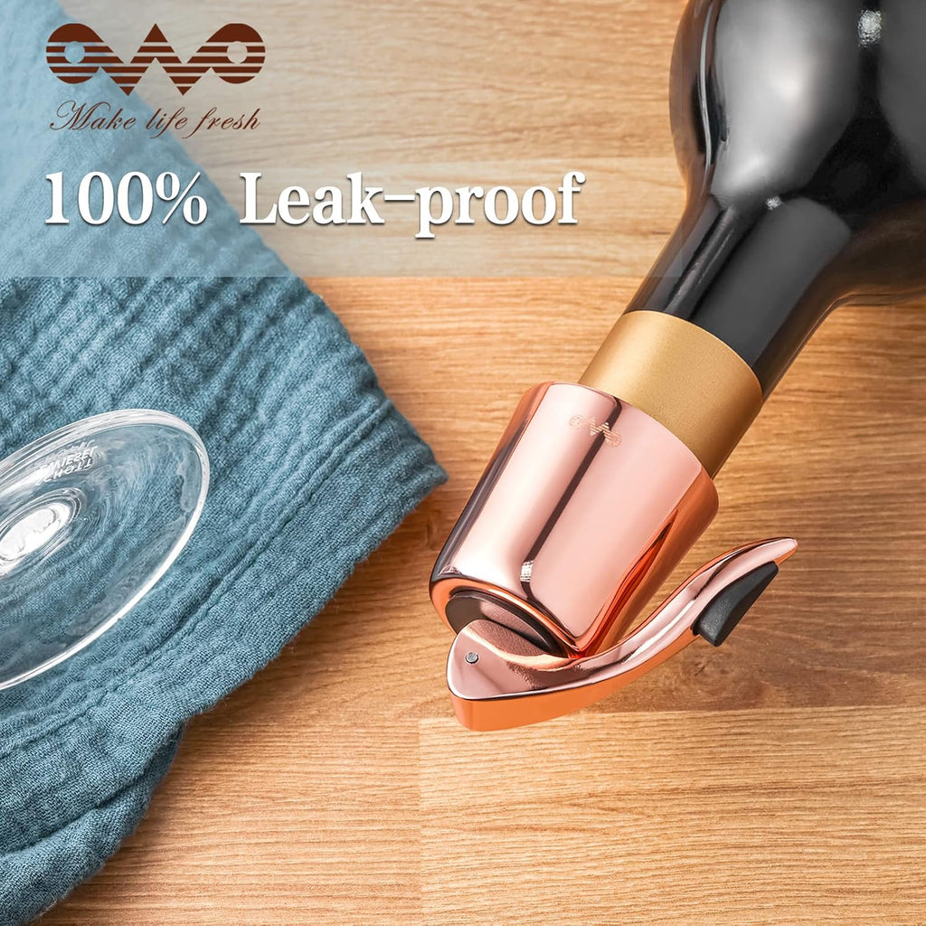 OWO Stainless Steel Wine Bottle Stopper, Reusable Wine Saver with Silicone Seal, Decorative Bottle Sealer, Keeps Fresh (Rosegold, 2 Pack)