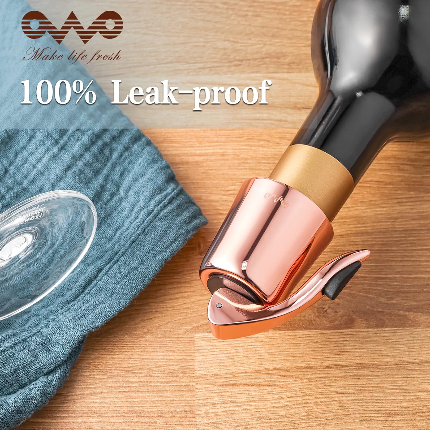 OWO Stainless Steel Wine Bottle Stopper, Reusable Wine Saver with Silicone Seal, Decorative Bottle Sealer, Keeps Fresh (Rosegold, 1 Pack)