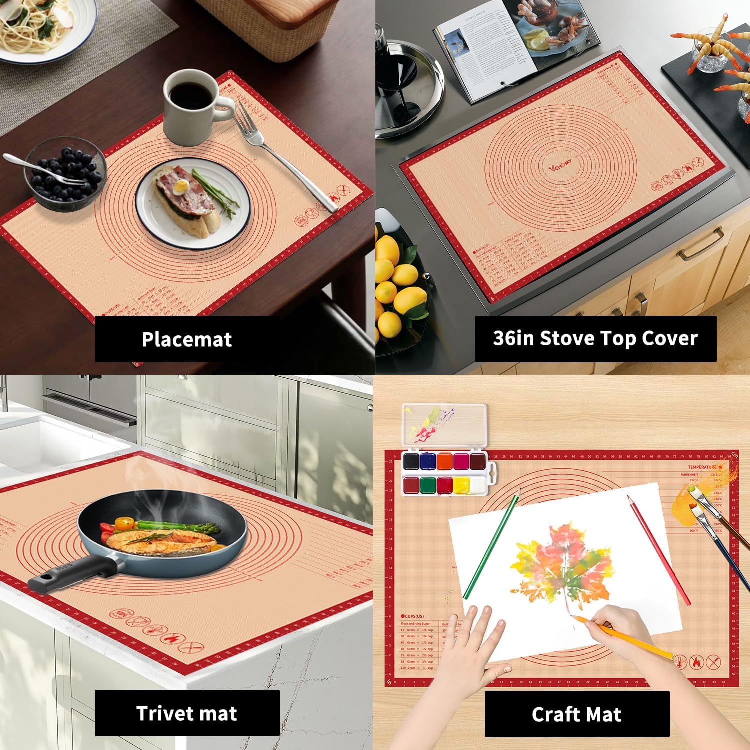Skiennix Extra Large Silicone Pastry Mat - Non-Slip Baking Mat with Measurements | 36x24 Inch, Red