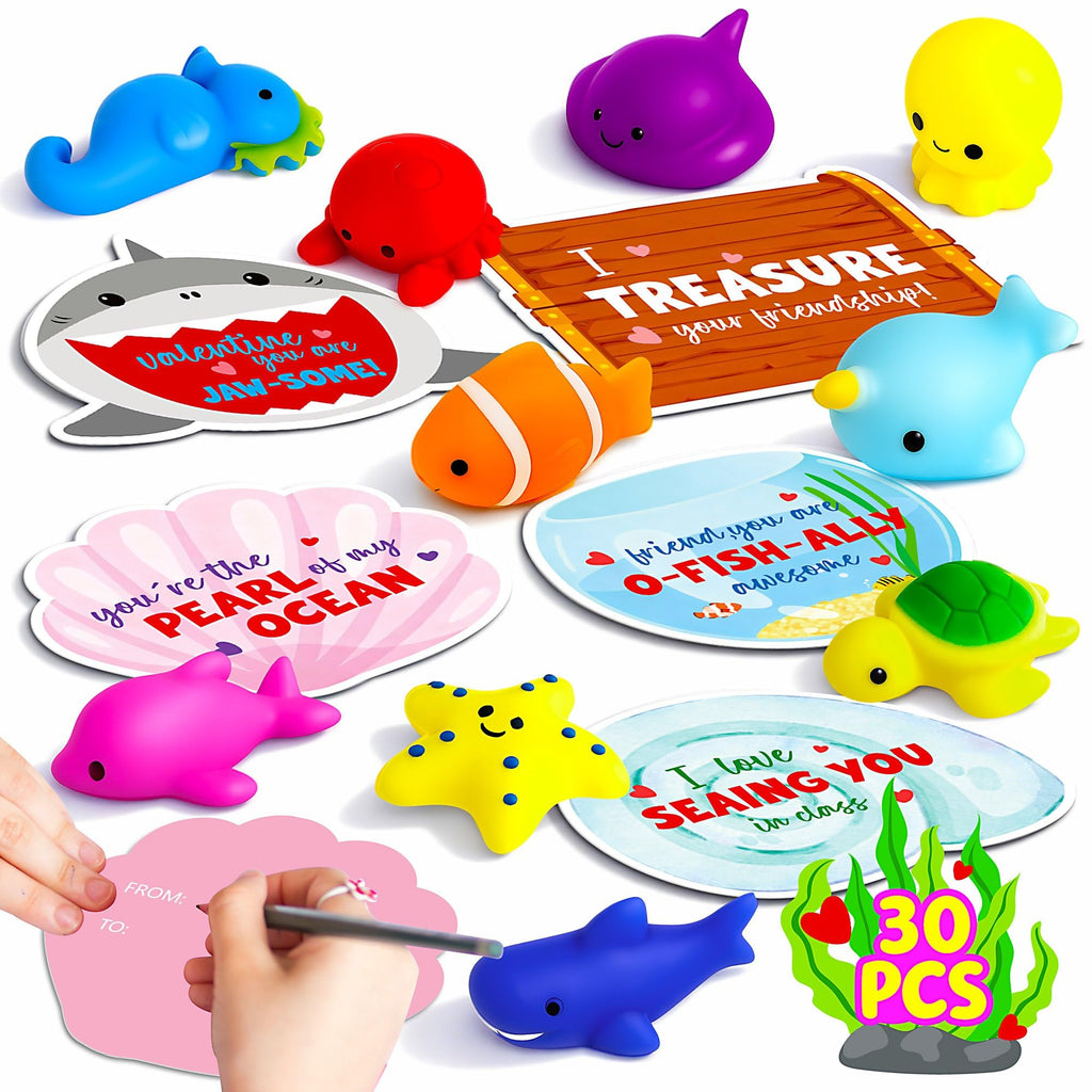 Valentines Day Cards for Kids School - 30PCS Cute Mochi Squishy Valentines for Class with Funny Ocean Valentine Cards, Valentine Party Favors for Boys & Girls, Valentine's Day Gifts for Kids Classroom