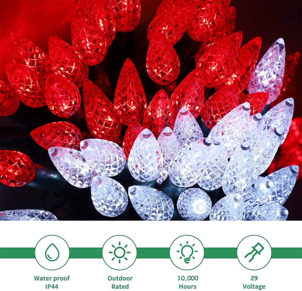 Waterglide C6 Fairy Lights - 100 LED 33ft Waterproof String Lights with 8 Modes | Green Wire, White & Red