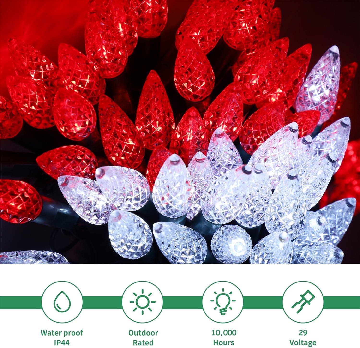 Waterglide C6 Fairy Lights - 100 LED 33ft Waterproof String Lights with 8 Modes | Green Wire, White & Red