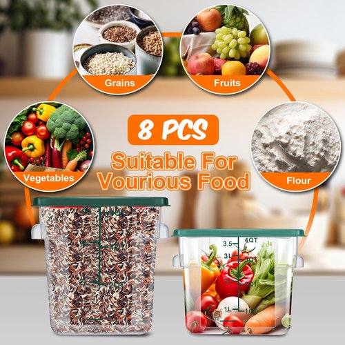 Suclain 8 Pack 4 QT and 6 QT Food Storage Containers with Lids Scales Handles Square Clear Restaurant Food Storage Containers Polycarbonate Commercial Grade for Kitchen Marinating Meat Dough(Green)