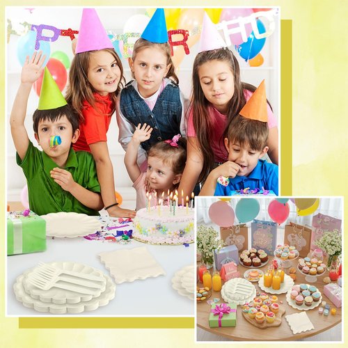 96 Pcs Ivory Paper Plates and Napkins Party Supplies Serve 24 Guests Include Scalloped Dinner Plate 9.5", Dessert Plate 7.5", Napkins Plastic Forks for Baby Bridal Shower Wedding Birthday