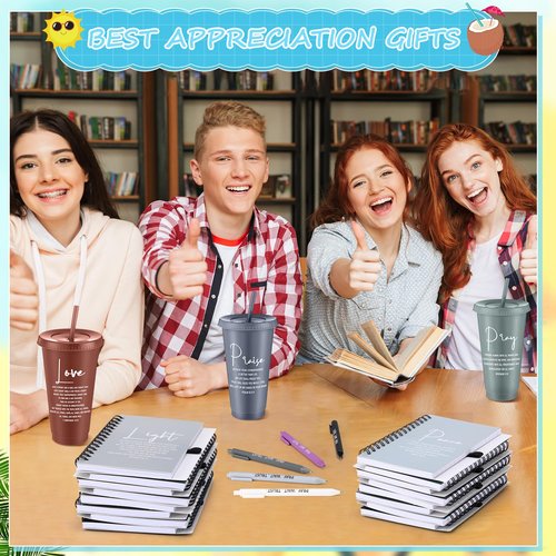 Potchen 90 Pcs Christian Gifts Bulk Bible Verse 24 oz Plastic Cups Spiral Notebooks Ballpoint Pens, Religious Gifts for Women Men Church Prayer (Classic Style)