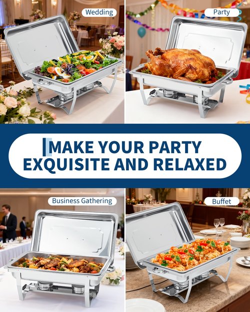 GarveeHome Chafing Dishes for Buffet 2 Pack, 8 Qt Stainless Steel Chafers and Buffet Warmers Sets With Lid, Rectangle Serving Food Warmer Catering Supplies Buffet Display for Parties, Silver