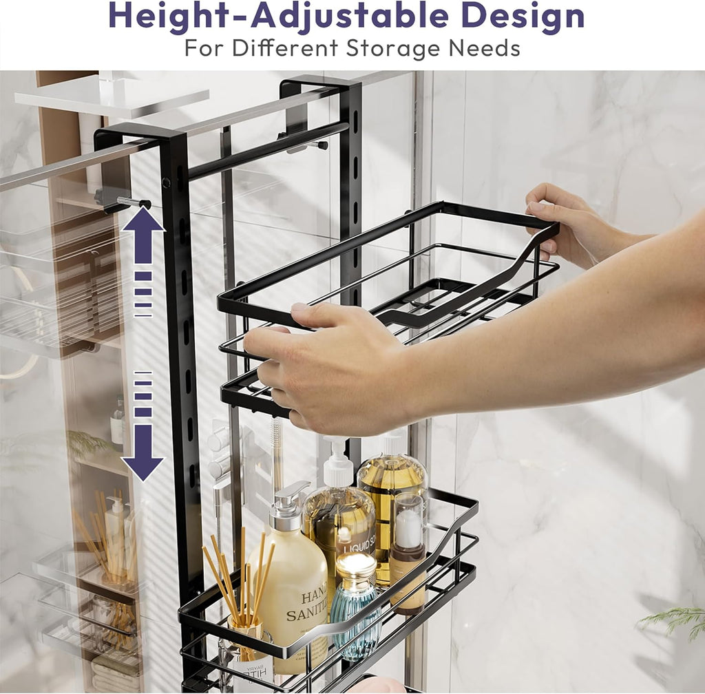 SWTYMIKI Over The Door Shower Caddy - 3 Tier Adjustable Organizer with Soap Holder | No Drilling Stainless Steel, Black