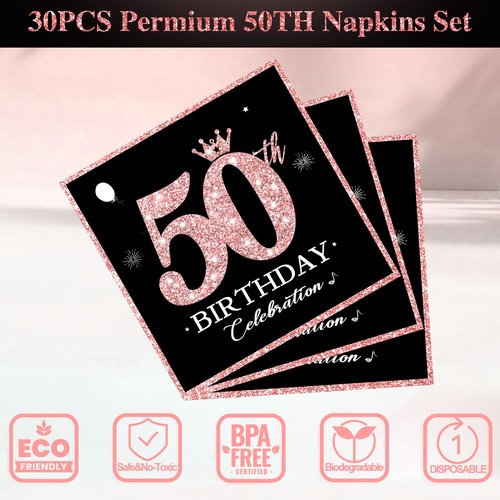 algpty 60 PCS Vintage 50th Birthday Plates and Napkins Set, 50th Birthday Decorations Rose Gold, Service for 30, 1976 Birthday Dessert Plates and Napkins Party Supplies for Women