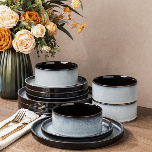 LeRatio Ceramic Dinnerware Sets for 4,Round Reactive Glaze Ceramic Plates and Bowls Set | Dishwasher & Microwave Safe Dishes Set,Service for 4 (12pc)-Gray White