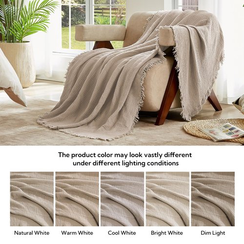 SOULFUL Muslin Throw Blanket with Tassels - Soft King Size Cotton Throw Blanket for Couch or Bed, Lightweight and Breathable Gauze for All Seasons, Light Tan, 108" x 90"