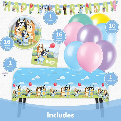 Bluey Birthday Decorations Girl includes 16 Plates, Napkins, Banner, Tablecloth, Balloons, Sticker - Bluey Party Decorations - Officially Licensed