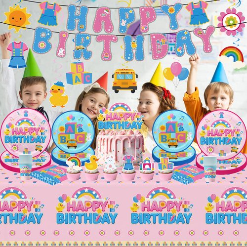 112pcs English Teacher Birthday Decorations Tableware Set Include Banner,Hanging Swirls, Waterproof Tablecloth,Latex Balloons,Paper Plates of 2 Size,Cake Topper, Napkins and Paper Cups