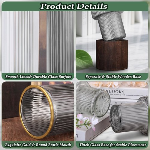 Ribbed Glass Vase Set of 2 Vases for Flowers,10" H Wood Glass Vase with Solid Wooden Base,Rustic Flower Vase for Home Decor,Living Room,Bedroom,Kitchen,Dining Table,Fireplace,Office(Gray & Clear)