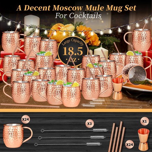 Moscow Mule Mugs 19oz Copper Plated Moscow Mule Mugs Set of 24 Bulk Large Hammered Stainless Steel Cups with Round Handle,1pcs 0.5oz Double Jigger, 24pcs Straws for Cold Chilled Drinks Cocktails