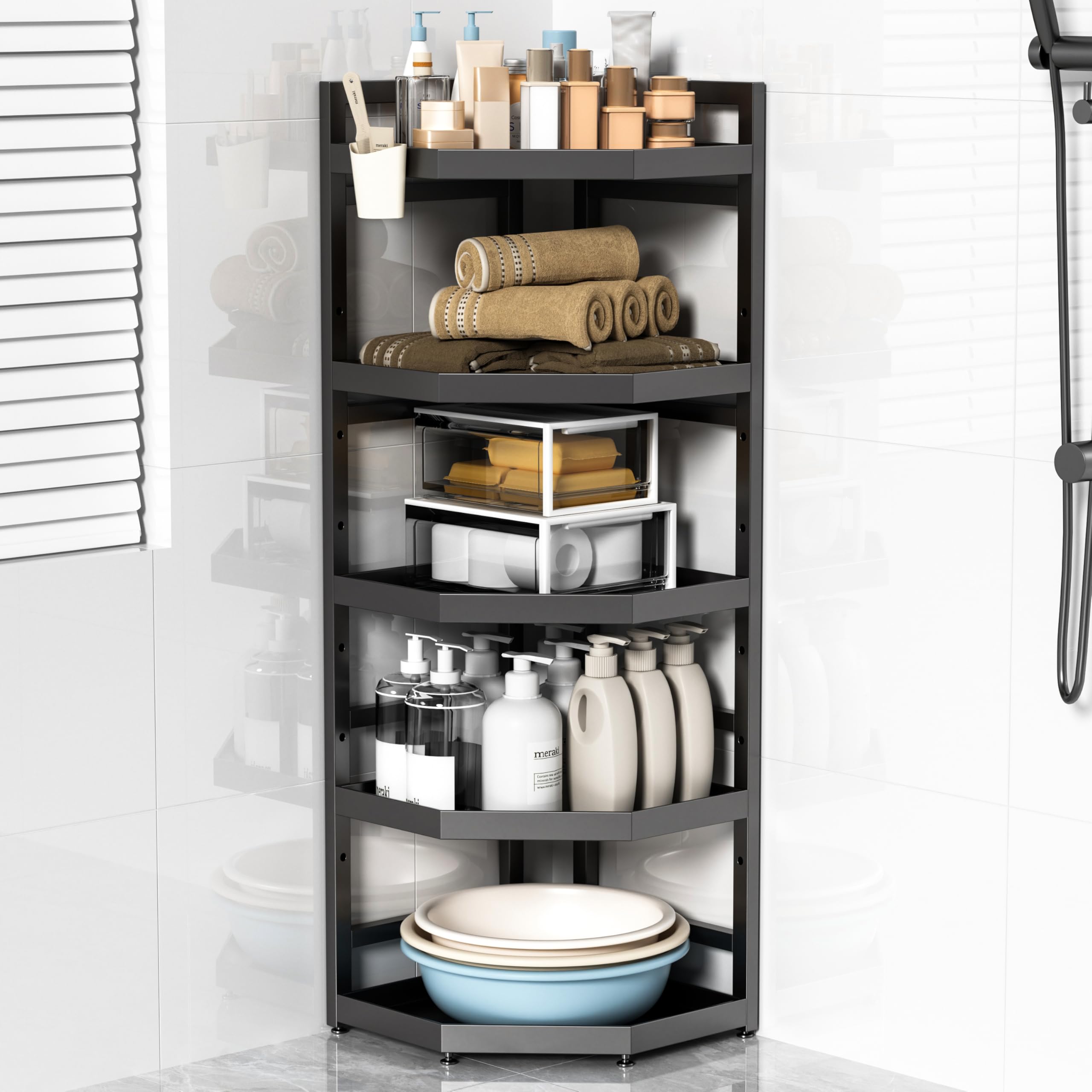 Serxis 5 Tier Standing Corner Shower Caddy,Waterproof and Rust Proof,Adjustable Height,Multi-functional Tiered Storage for Shower Gel,Shampoo,Cosmetics,Kitchen Supplies,Black
