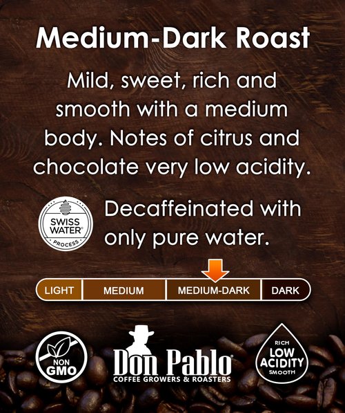 Don Pablo Colombian Decaf - Swiss Water Process Decaffeinated - Medium-Dark Roast Gourmet Coffee - 100% Arabica Whole Bean, Non-GMO, Low Acidity, 5 Pound (5 lb) Bag