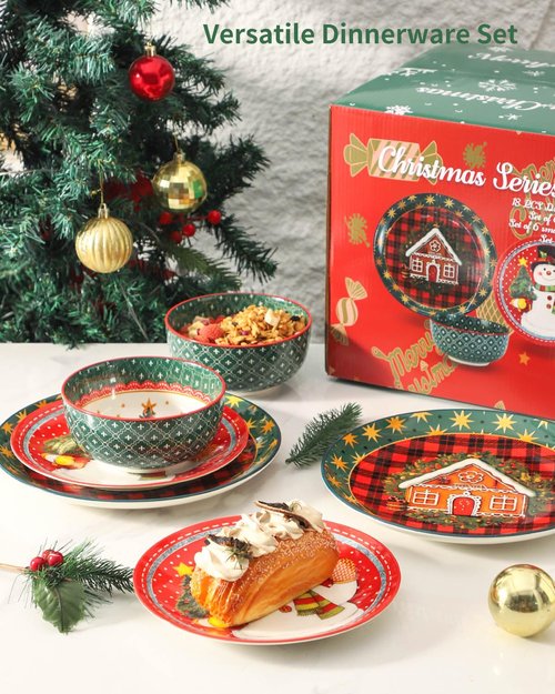 HASENSE 18 Pieces Dinnerware Sets for 6, Christmas Plates and Bowls Set for Valentie's Day, Ceramic Chip Resistant Tableware Dishes Set, Scratch Resistant Microwave and Dishwasher Safe, Multicolor