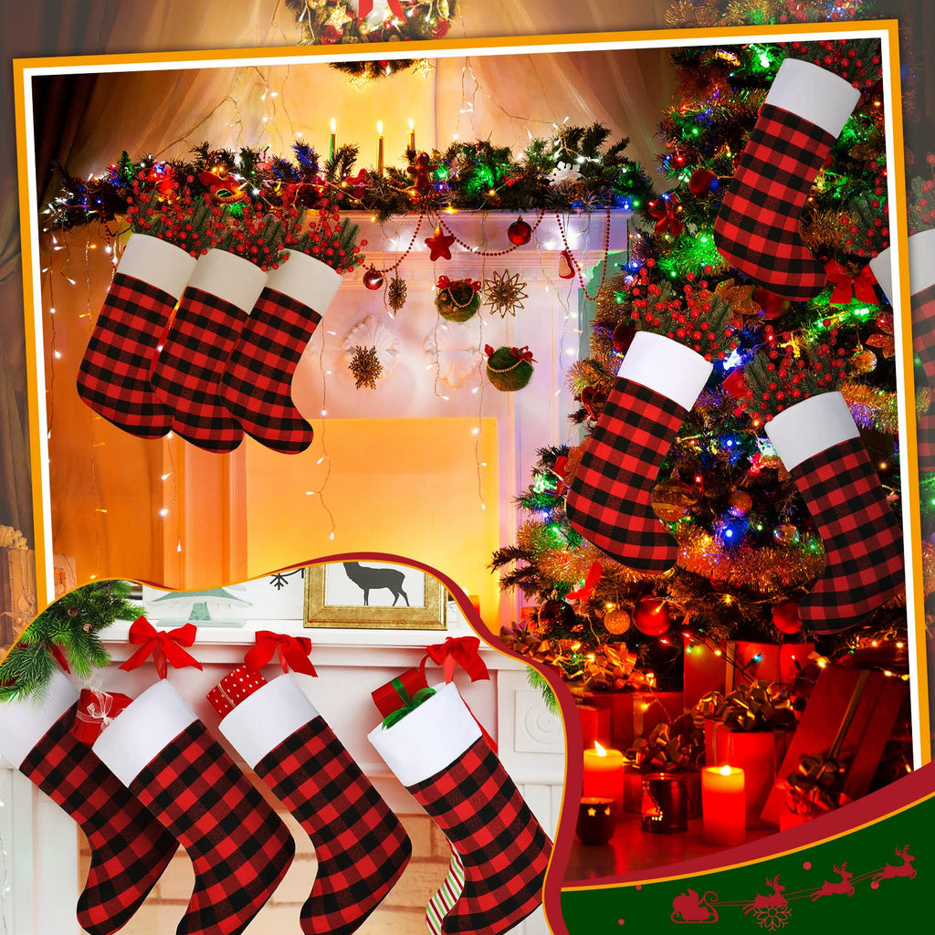 Zhanmai 30 Pieces Christmas Stockings Buffalo Checkered Stockings with Plush Cuff Fireplace Hanging Stockings for Family Xmas Decoration Holiday Season Party (Red and Black, White Cuff,18 Inch)
