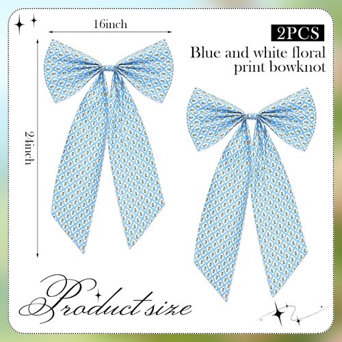 HunnmingRe Christmas Wreath Sash - 2 Pcs Blue & Green Block Print Burlap Bow | 24 x 16 Inch Indoor/Outdoor Decor