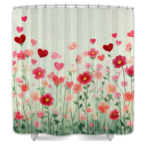DYNH Valentine's Day Shower Curtain,Spring Romantic Red Heart Floral Bathroom Curtains,Wildflower Botanical Sweet Lovers Fabric Home Decor Curtain with Hooks,69X70 in