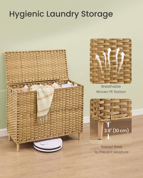 SONGMICS Laundry Hamper with Lid, 55.4 Gal. (210 L) PE Rattan Laundry Basket with Lid and Handles, Natural Material,Removable Machine Washable Liner, Goose Yellow ULCB224YE01
