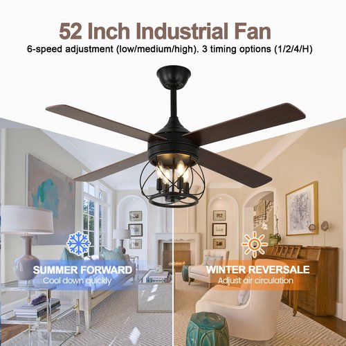 Curve Curio 52 Inch Farmhouse Ceiling Fan with Light and Remote Industrial Ceiling Fan Quiet and Reversible DC Motor Rustic Caged Chandelier Fan for Living Room Bedroom Patio (Caged Frame)