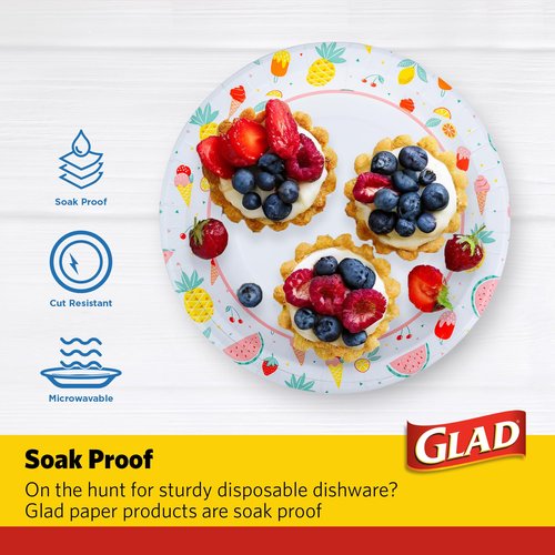 Glad Round Disposable Paper Plates, Picnic Pattern - Strong, Sturdy, Soak Proof, and Microwavable Decorative Plates for Dinner and Everyday Use, 10 Inch, 50 Count