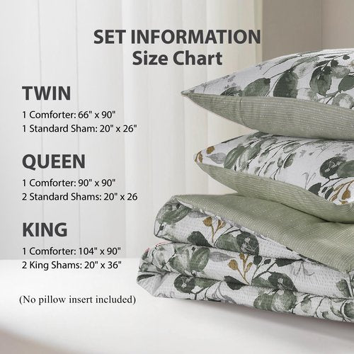 Regency Heights Lightweight Seersucker Botanical Comforter Set King Size, 3 Pieces Reversible Design with Striped Print, Premium Microfiber Bedding Set, Comforter and Sham Set, Green