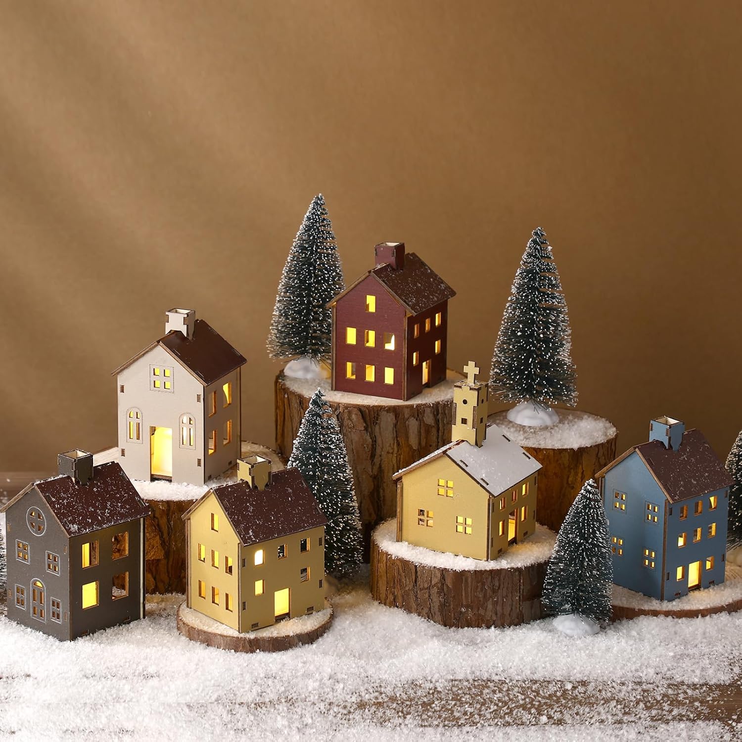 Yalikop 18pcs Wooden Easter Village Set - Colorful Houses & Church with Electronic Candle Light