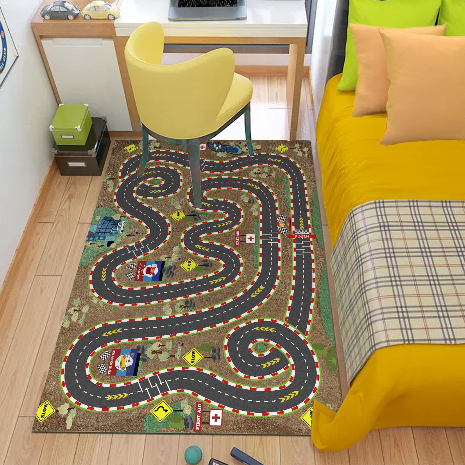 Kids Rug Car Rugs for Kids Toy Cars Play Mat City Life Road Rug for Cars Fun City Map for Carpet for Bedroom Boys (Sand Track, 31 * 47 inches)