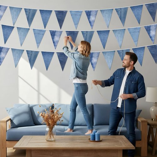 HESTYA 5 Pack 49 Ft Denim Pennant Banner, Blue Jean Theme Triangle Garland, Cowboy Western Party Decorations, Rustic Farmhouse Bunting for Baby Shower, Birthday, Graduation, Country Festival Supplies
