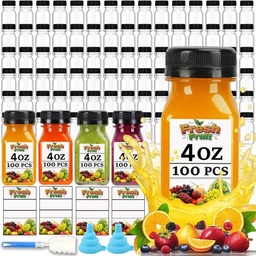 100PCS 4OZ Plastic Juice Bottles with Caps, Clear Shot Bottles Reusable Containers with Labels, Funnel and Brush，Suitable for Juice Milk, Tea, Drinking, Smoothie, and Other Beverages (100, 4, ounces)