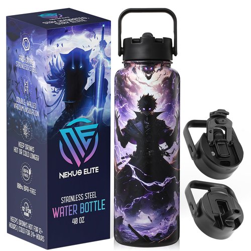 Nexus Elite Anime Water Bottle 40 oz – Dark Realm Collectible Stainless Steel Flask, Gaming Gift for Teen Boys, Insulated with Straw & Gift-Ready Box, Birthday Gift for Anime Fans & Gamers