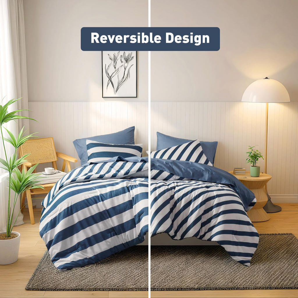 Reversible Striped Full Comforter Set-Bed in A Bag 7-Pieces Bedding Set with Double-sided Stripes Design-Warm & Cozy Bed Set Includes Full Size Comforter, Sheets Set, Pillowcases and Shams, Navy